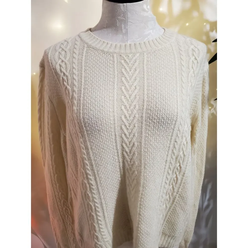 J. Crew Cable Knit Wool Bell Ruffle Sleeve Crewneck Cream Sweater Womens Size L